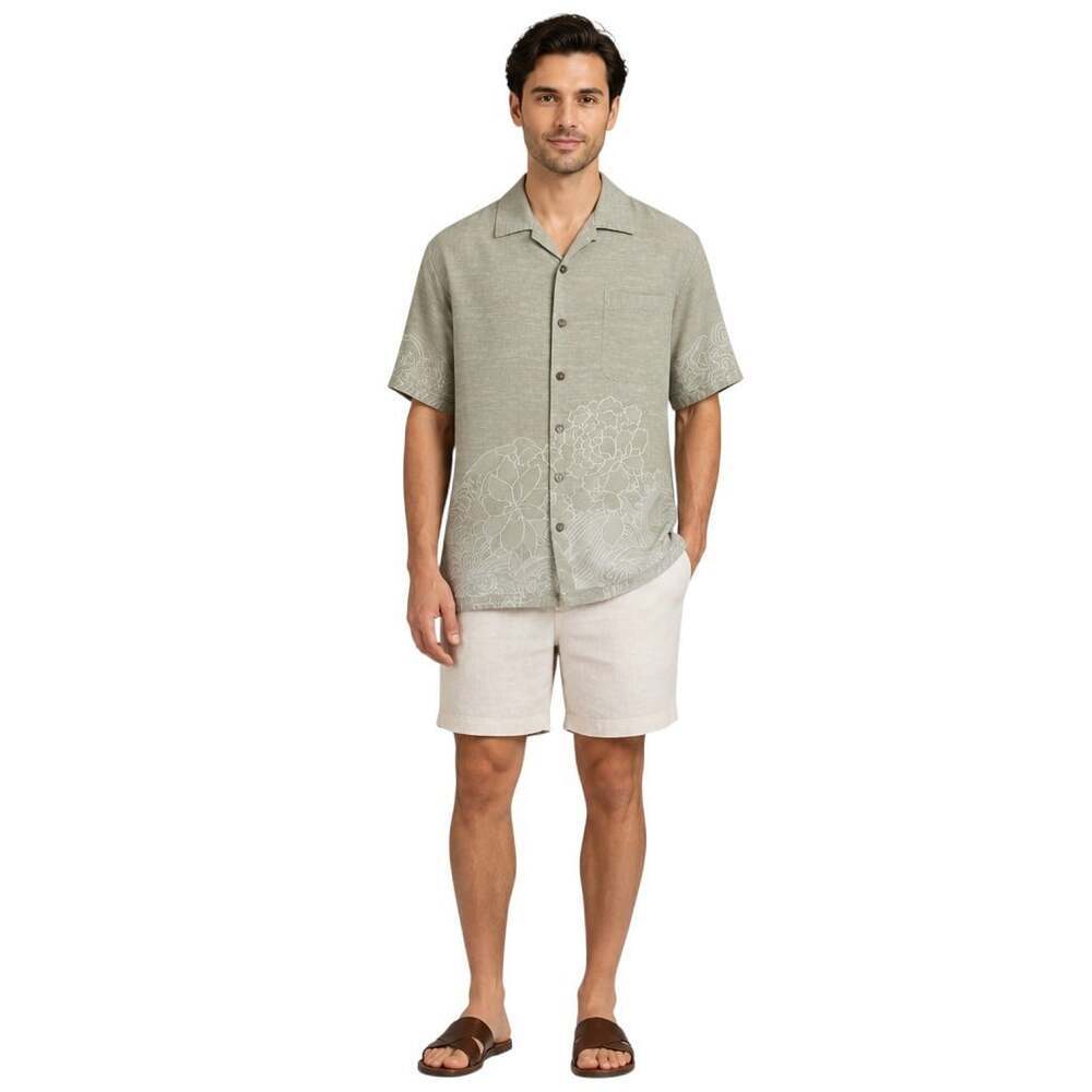 Jamaica Jaxx 100% Silk Camp Shirt Men's XL Sage Green Floral Jacquard